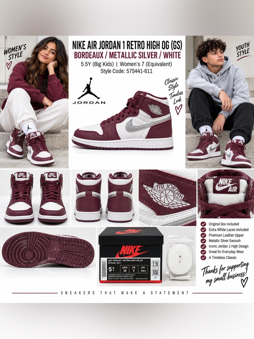 Nike Air Jordan 1 Retro High OG GS Bordeaux Metallic Silver 5.5Y Womenβs 7